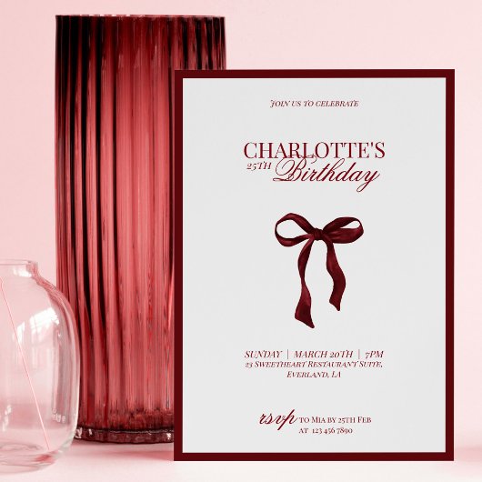 Minimal Red & Burgundy Bow Birthday Invitation Kaart