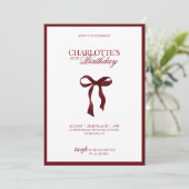 Minimal Red & Burgundy Bow Birthday Invitation Kaart (Staand voorkant)