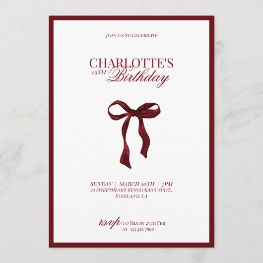 Minimal Red & Burgundy Bow Birthday Invitation Kaart (Voorkant)