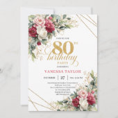 Minimal Red Burgundy Floral 80th Birthday Invite Kaart (Voorkant)