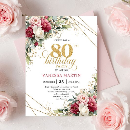 Minimal Red Burgundy Floral 80th Birthday Invite Kaart