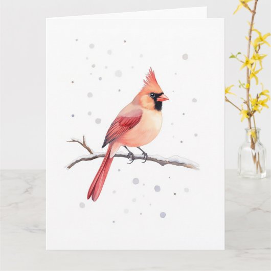 Minimal Red Cardinal Snowy Branch Christmas Kaart (Gele Bloem)