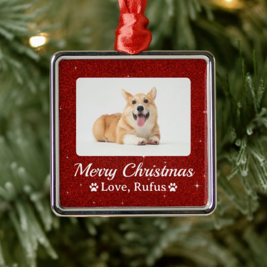 Minimal Red Glitter Pet Foto Vrolijk Kerstfeest Metalen Ornament (Boom)