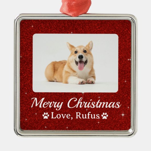 Minimal Red Glitter Pet Foto Vrolijk Kerstfeest Metalen Ornament (Voorkant)