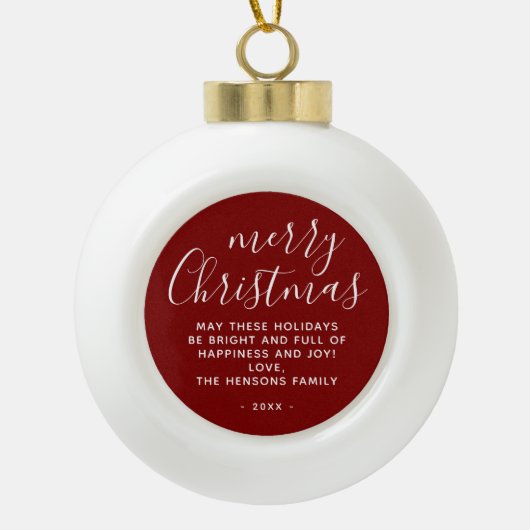 Minimal Red Merry Christmas Script Keramische Bal Ornament (Voorkant)