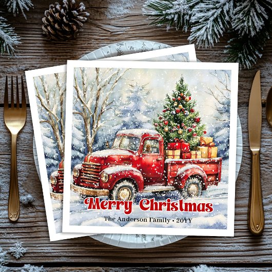 Minimal red truck Christmas scene rustic napkins Servet