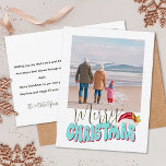 Minimal Retro 1 Foto Feestelijk Leuk Vrolijk Kerst Feestdagenkaart<br><div class="desc">Dit feestelijke Merry Christmas-ontwerp is gemaakt met behulp van een leuk modern scriptlettertype en mijn handgeletterde bloklettertype in een retro-stijl in aqua blauw en rood, bekroond met mijn handgeschilderde kerstmuts met hulst en bessen om je familiefoto te laten schitteren als de ster. Voeg uw familienaam en aangepaste tekst toe om...</div>