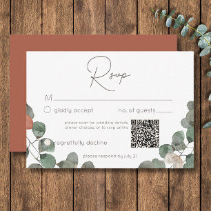 Minimal Roest Groene Eucalyptus Krans Wedding QR RSVP Kaartje