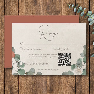 Minimal Roest Groene Eucalyptus Krans Wedding QR RSVP Kaartje
