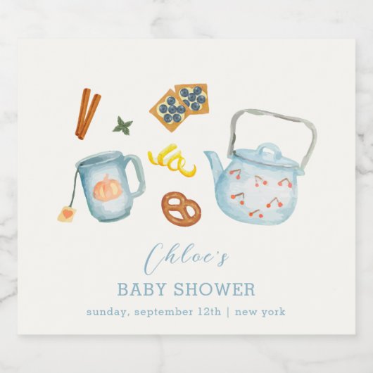 Minimal Rustic Par-Tea Cookie Baby shower Sparkling Wijnetiket (Enkel label)