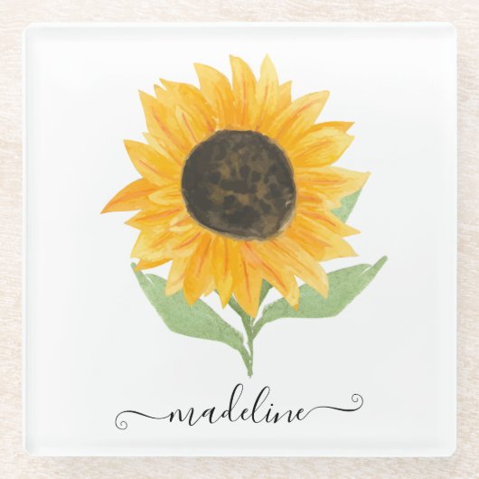 Minimal Rustic Sunflower Personalized Name Script Glazen Onderzetter (Voorkant)