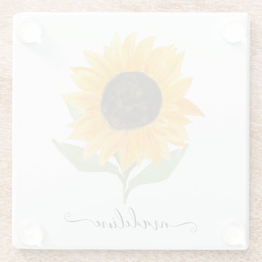 Minimal Rustic Sunflower Personalized Name Script Glazen Onderzetter (Achterkant)