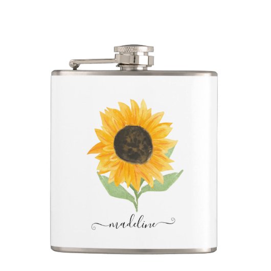 Minimal Rustic Sunflower Personalized Name Script Heupfles (Voorkant)