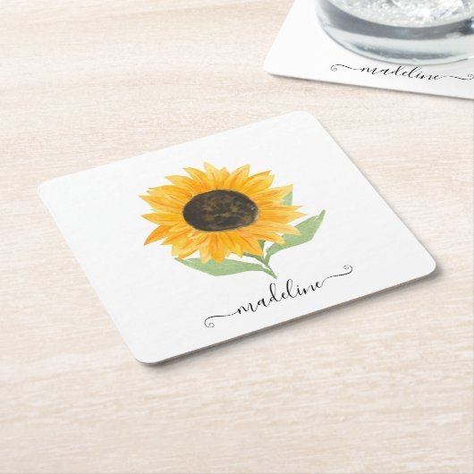 Minimal Rustic Sunflower Personalized Name Script Kartonnen Onderzetters (Schuin)