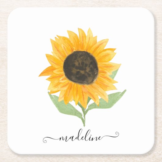 Minimal Rustic Sunflower Personalized Name Script Kartonnen Onderzetters (Voorkant)