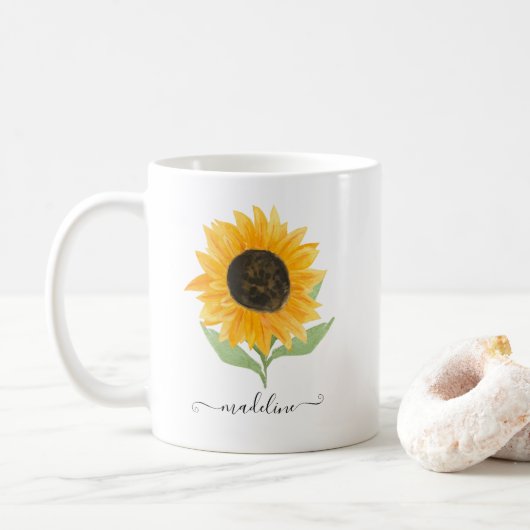 Minimal Rustic Sunflower Personalized Name Script Koffiemok (Met donut)