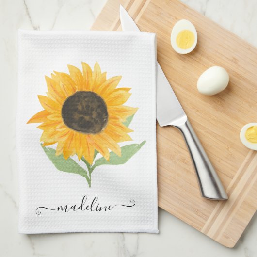 Minimal Rustic Sunflower Personalized Name Script Theedoek (Quarter Fold)