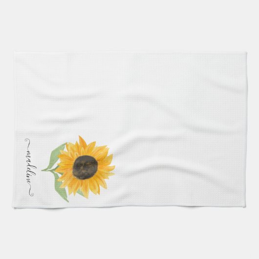 Minimal Rustic Sunflower Personalized Name Script Theedoek (Horizontaal)