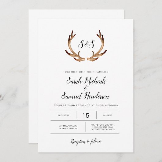 Minimal Rustiek Antler Waterverf Bruiloft Kaart (Voorkant / Achterkant)