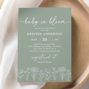 Minimal Sage Green Boho Wildflower Baby shower Kaart
