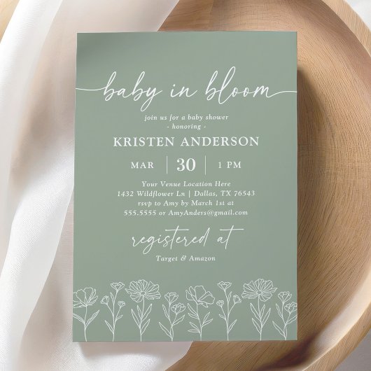 Minimal Sage Green Boho Wildflower Baby shower Kaart