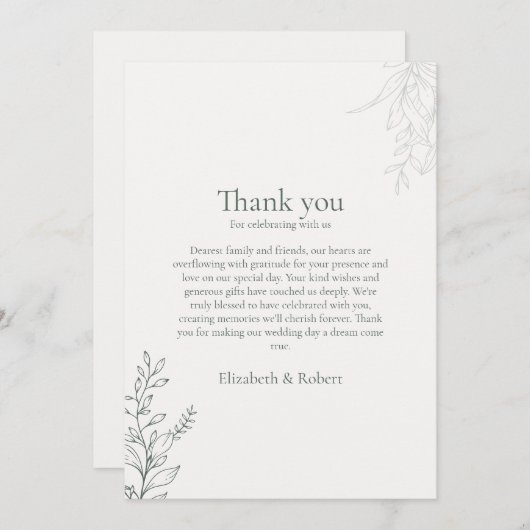 Minimal Sage Green Botanical Thank You Card Bedankkaart (Voorkant / Achterkant)