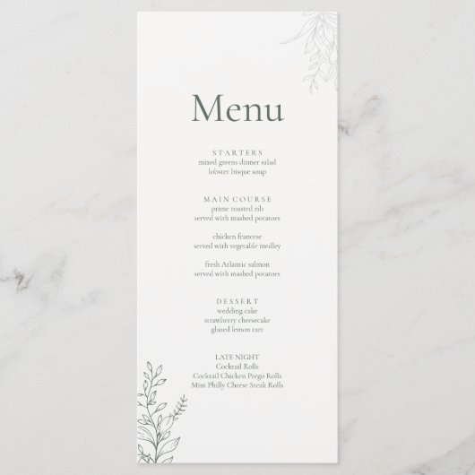 Minimal Sage Green Botanical Wedding Menu (Voorkant)
