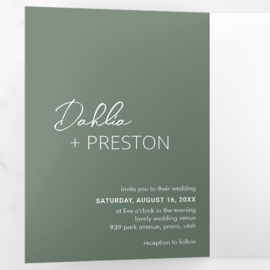 Minimal Sage Green Foto Moderne bruiloft Drieluik Uitnodiging (Binnenzijde eerst)