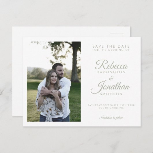Minimal Sage Green Photo Wedding Sla de datum op Uitnodiging Briefkaart (Voorkant / Achterkant)
