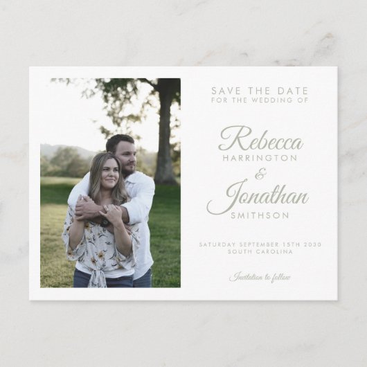 Minimal Sage Green Photo Wedding Sla de datum op Uitnodiging Briefkaart (Voorkant)