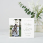 Minimal Sage Green Photo Wedding Sla de datum op Uitnodiging Briefkaart (Staand voorkant)