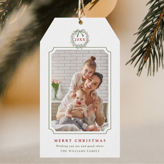 Minimal Sage Green & Red Merry Christmas Foto Cadeaulabel