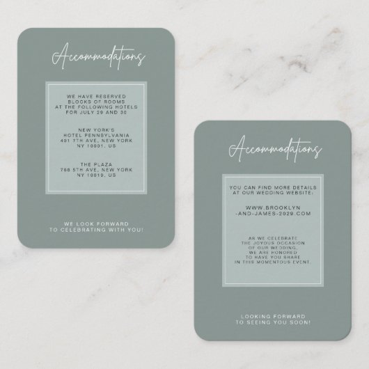 Minimal Sage Green Wedding Accommodation Informatiekaartje (Voorkant / Achterkant)