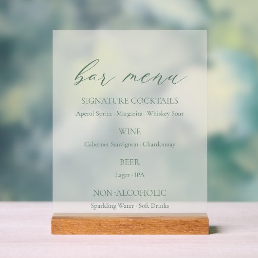 Minimal Sage Green Wedding Bar Menu Acryl Bord (Neutraal)