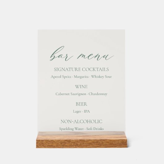Minimal Sage Green Wedding Bar Menu  Acryl Bord (Voorkant)