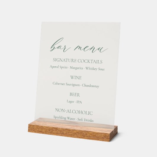 Minimal Sage Green Wedding Bar Menu  Acryl Bord (Hoek)