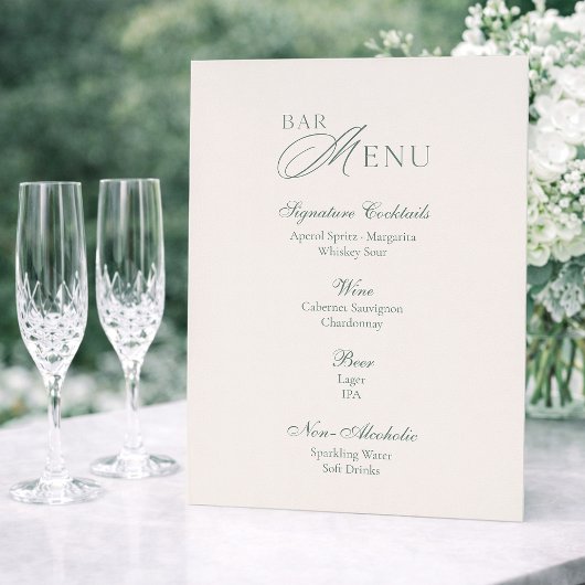 Minimal Sage Green Wedding Bar Menu Sign Kaart