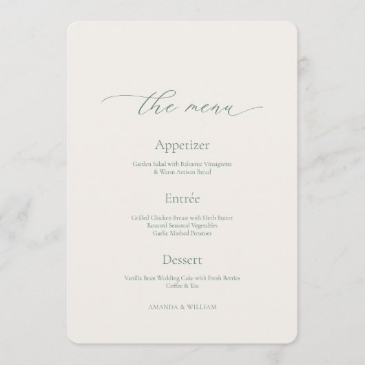 Minimal Sage Green Wedding Menu Card Kaart (Voorkant)