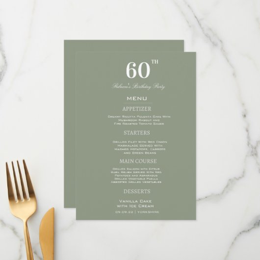 Minimal Sage & White 60th Birthday Party Custom Menu (Voorkant / Achterkant in situ)