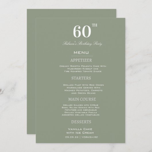 Minimal Sage & White 60th Birthday Party Custom Menu (Voorkant / Achterkant)