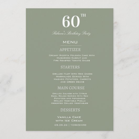 Minimal Sage & White 60th Birthday Party Custom Menu (Voorkant)
