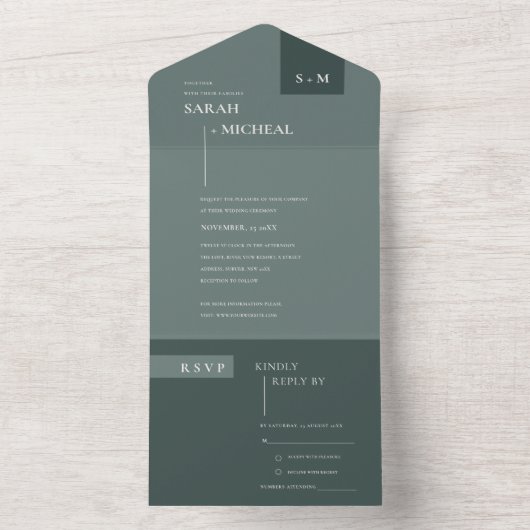 MINIMAL SCANDI EMERALD SAGE BLEEK GROEN WEDING ALL IN ONE UITNODIGING (Binnen)