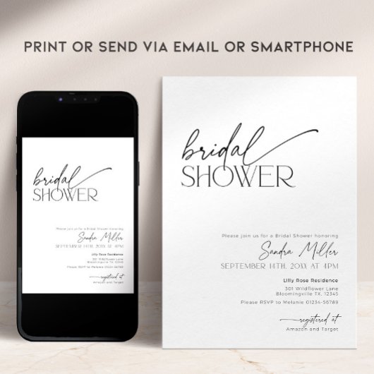 Minimal Script Black and White Bridal Shower Kaart