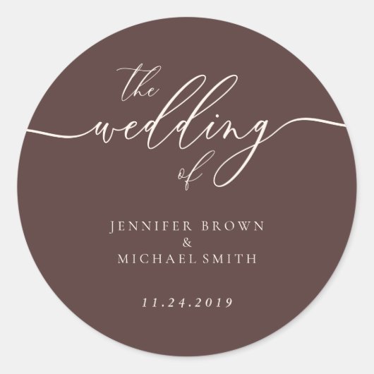 Minimal Script Chocolate Brown Wedding Ronde Sticker (Voorkant)