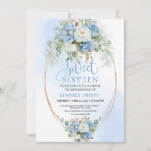 Minimal Script Dusty Blue Floral Sweet 16 Birthday Kaart (Voorkant)