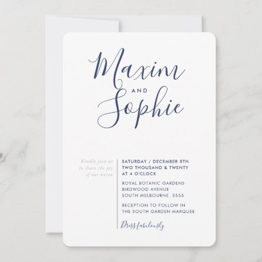 MINIMAL SCRIPT eenvoudige moderne bruiloft marine Kaart (Voorkant)