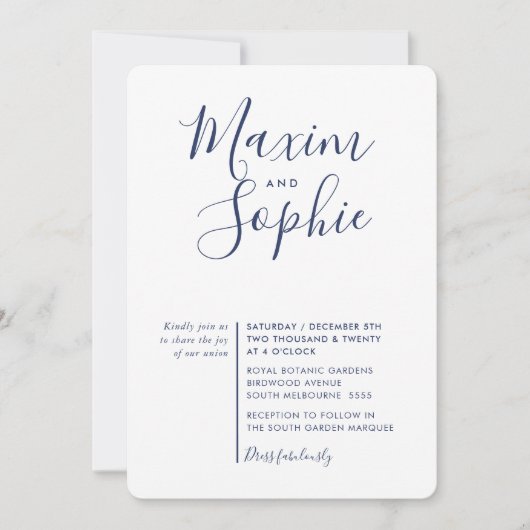 MINIMAL SCRIPT eenvoudige moderne bruiloft marineb Kaart (Voorkant)