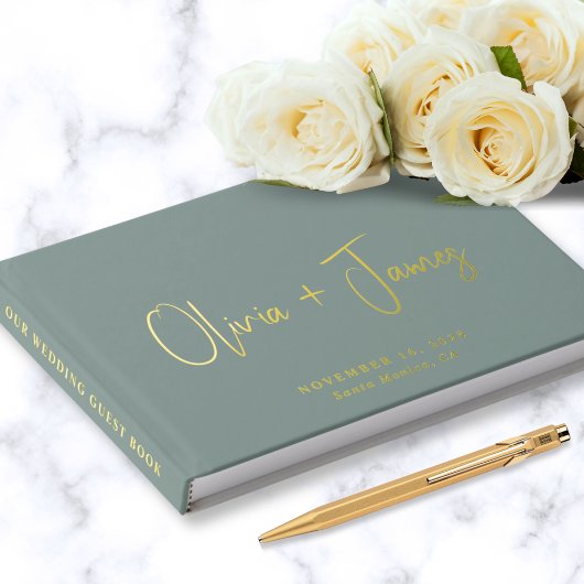 Minimal Script Foto Sage Green Wedding Gastenboek