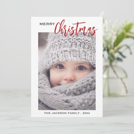 Minimal Script Foto Vrolijk Kerstfeest Feestdagenkaart (Staand voorkant)