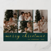 Minimal Script Four Photo Green Merry Christmas Folie Feestdagenkaart (Voorkant)